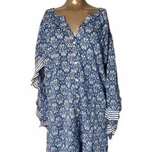 NEW CHAKERIS women's ellie short ruffle floral mini cotton tunic dress in blue